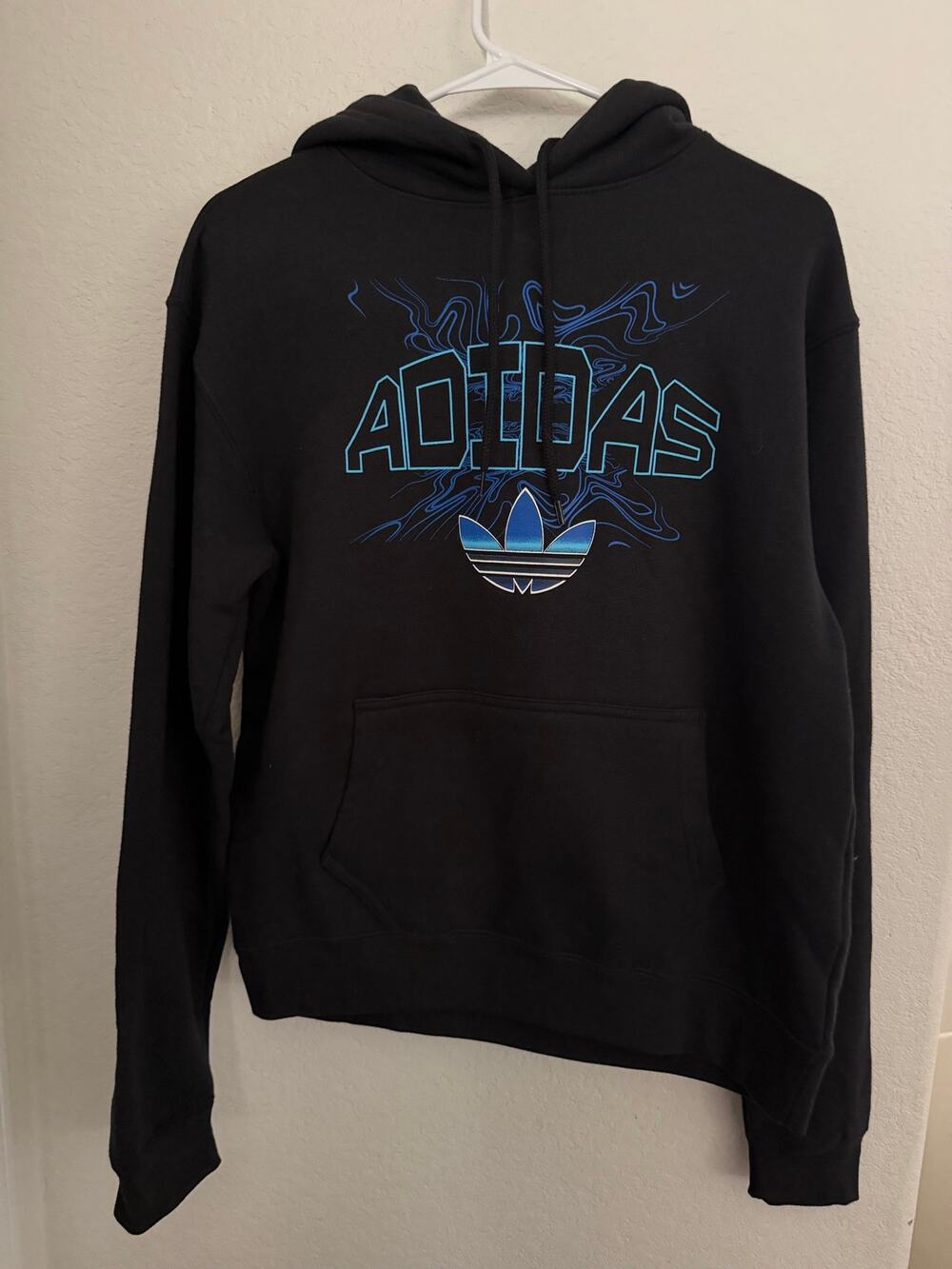 NWT Adidas Originals Black Graphic Hoodie Blue Trefoil Logo Pullover Size XS